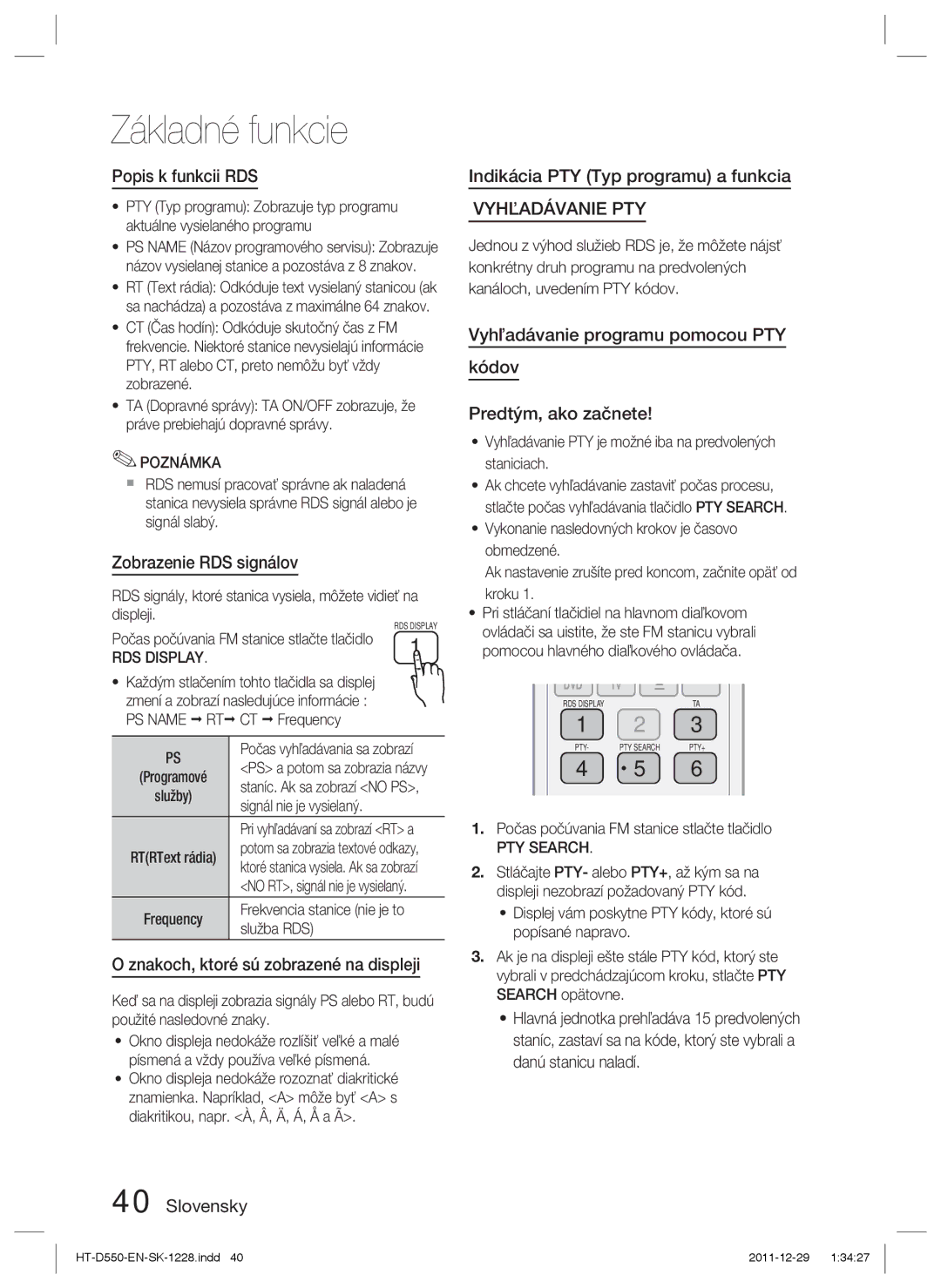 Samsung HT-D550/EN, HT-D555/EN manual Popis k funkcii RDS, Zobrazenie RDS signálov, Znakoch, ktoré sú zobrazené na displeji 