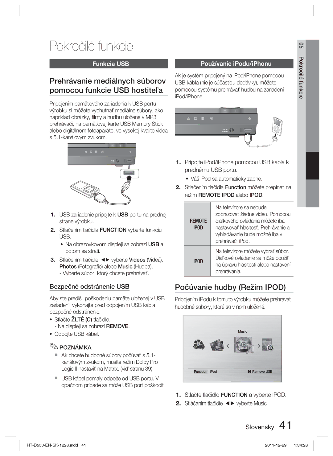 Samsung HT-D555/EN, HT-D550/EN, HT-D550/XE Pokročilé funkcie, Prehrávanie mediálnych súborov, Pomocou funkcie USB hostiteľa 