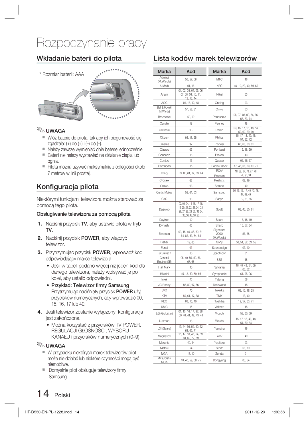 Samsung HT-D550/XE Wkładanie baterii do pilota Lista kodów marek telewizorów, Konﬁguracja pilota, Rozmiar baterii AAA 