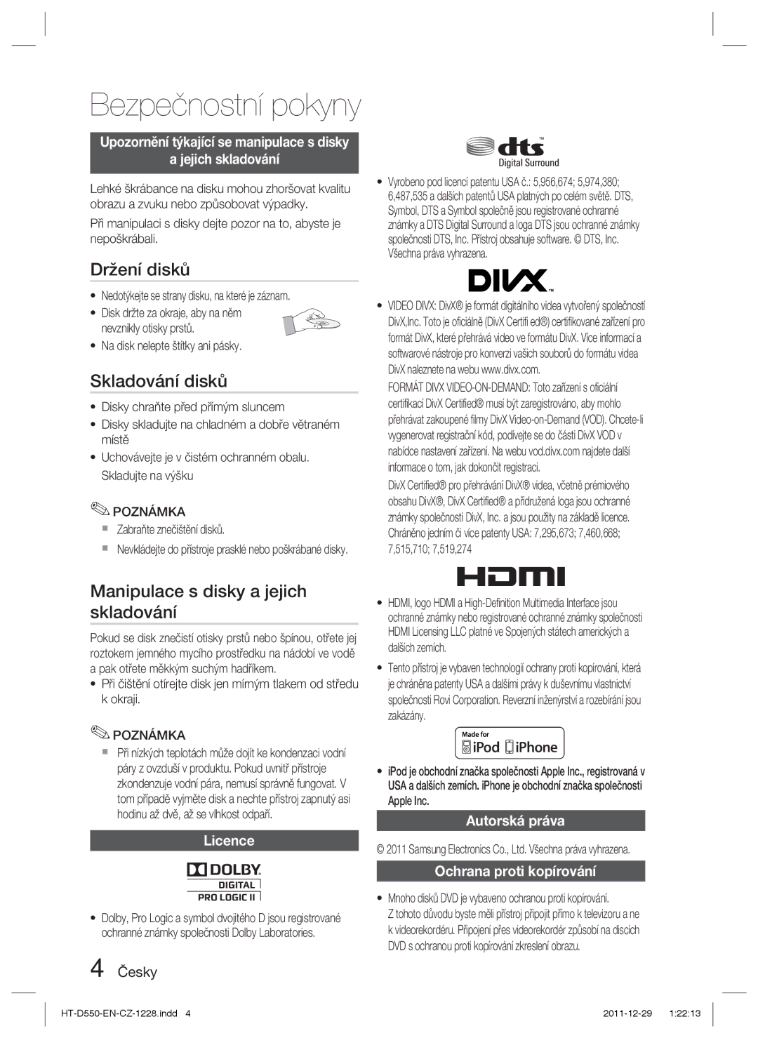 Samsung HT-D555/EN, HT-D550/EN, HT-D550/XE manual Držení disků, Skladování disků, Manipulace s disky a jejich skladování 