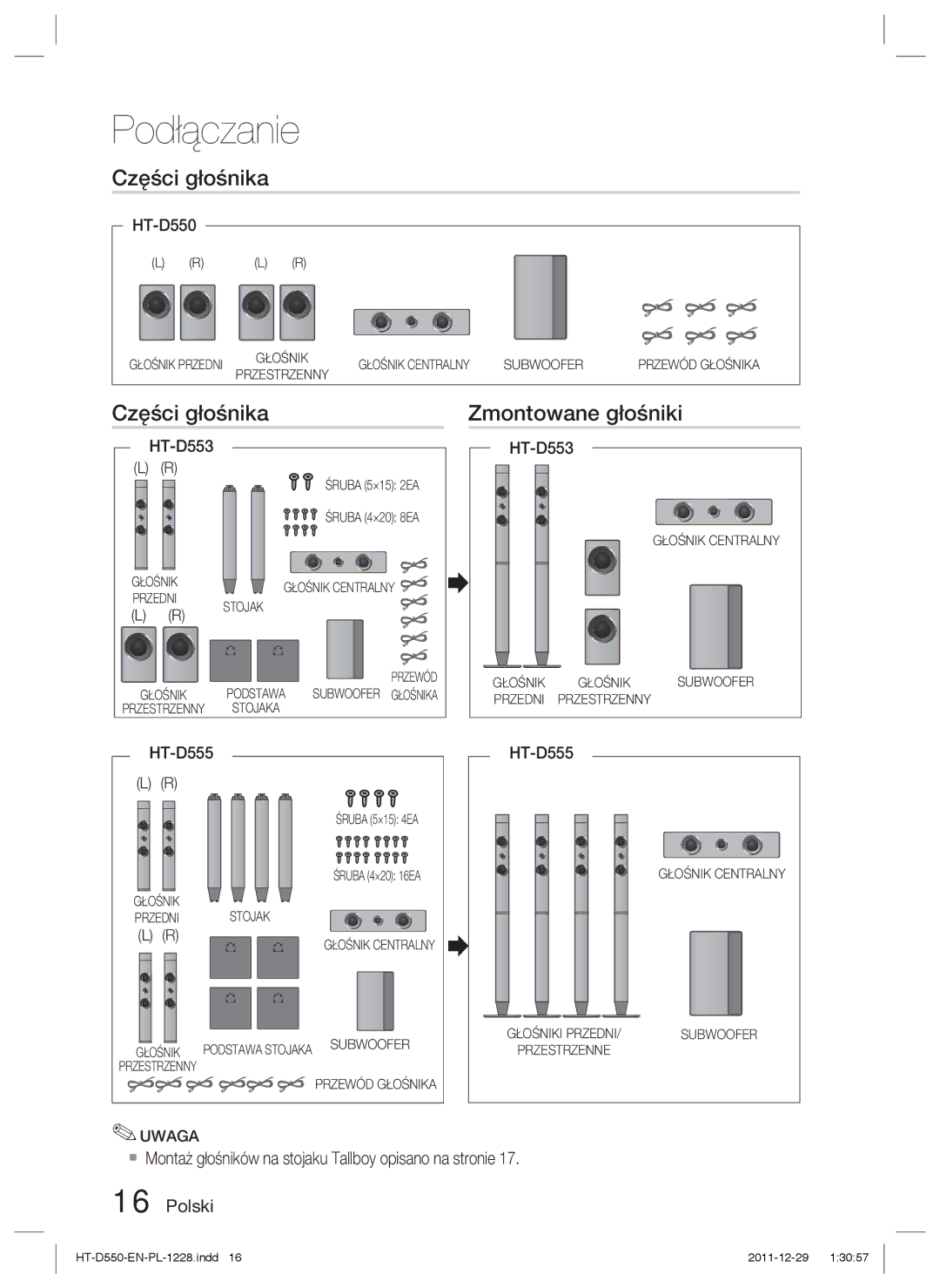 Samsung HT-D555/EN, HT-D550/EN, HT-D550/XE manual Części głośnika Zmontowane głośniki, HT-D553 