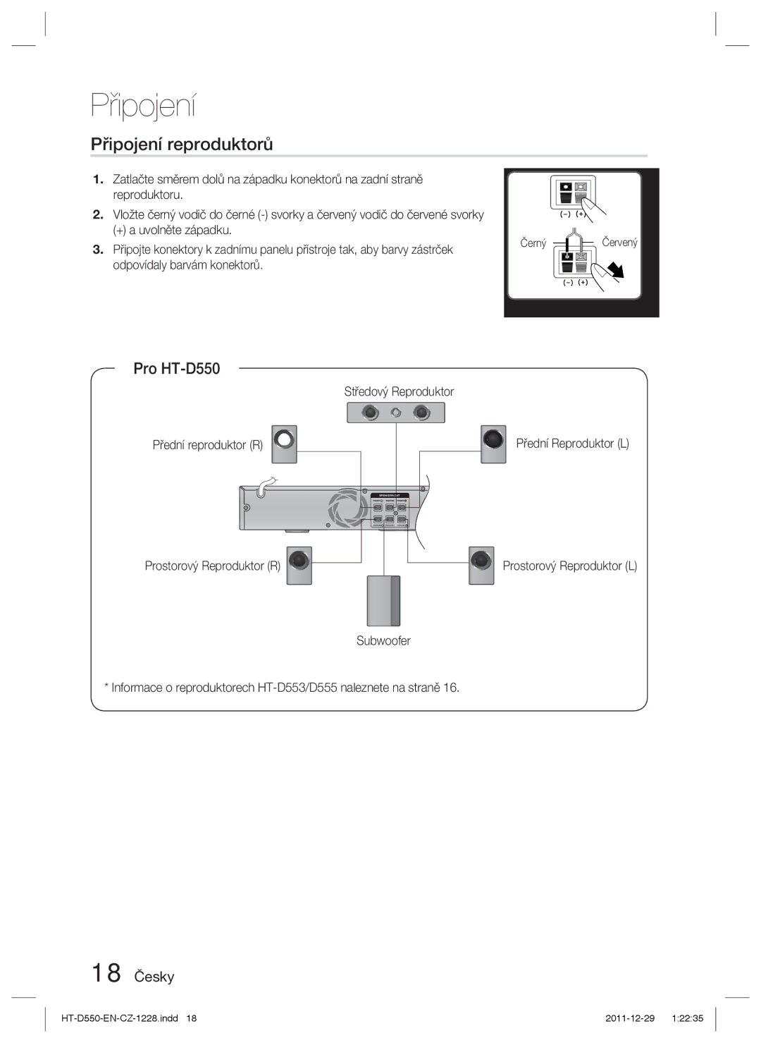 Samsung HT-D550/EN, HT-D555/EN, HT-D550/XE manual Připojení reproduktorů, Pro HT-D550, 18 Česky, Černý Červený 