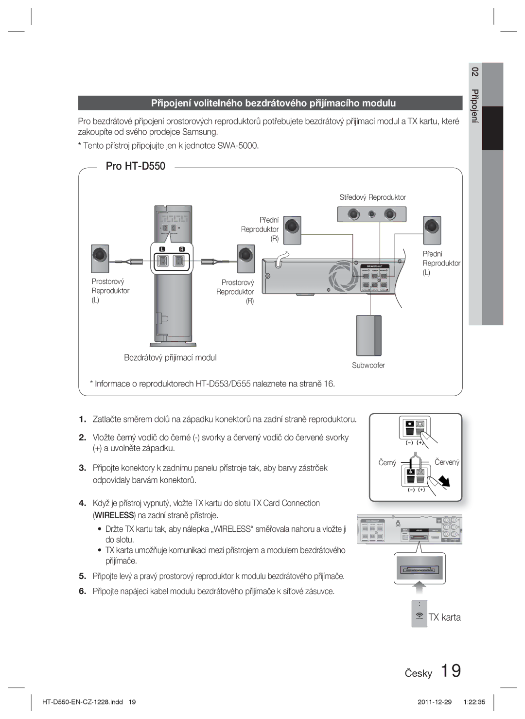 Samsung HT-D555/EN manual Připojení volitelného bezdrátového přijímacího modulu, TX karta Česky, Bezdrátový přijímací modul 