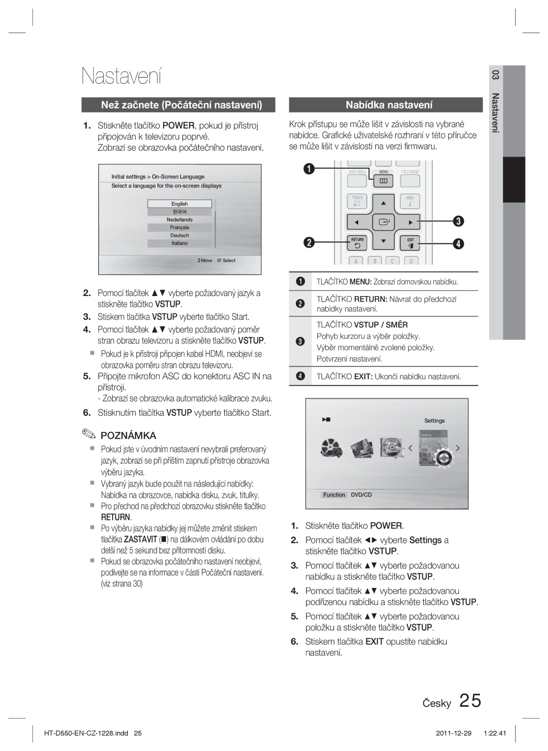 Samsung HT-D555/EN, HT-D550/EN, HT-D550/XE manual Nastavení, Než začnete Počáteční nastavení, Nabídka nastavení 