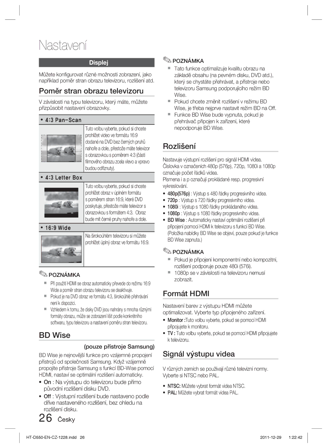 Samsung HT-D550/XE, HT-D550/EN, HT-D555/EN manual Poměr stran obrazu televizoru, Rozlišení, 26 Česky, Pouze přístroje Samsung 