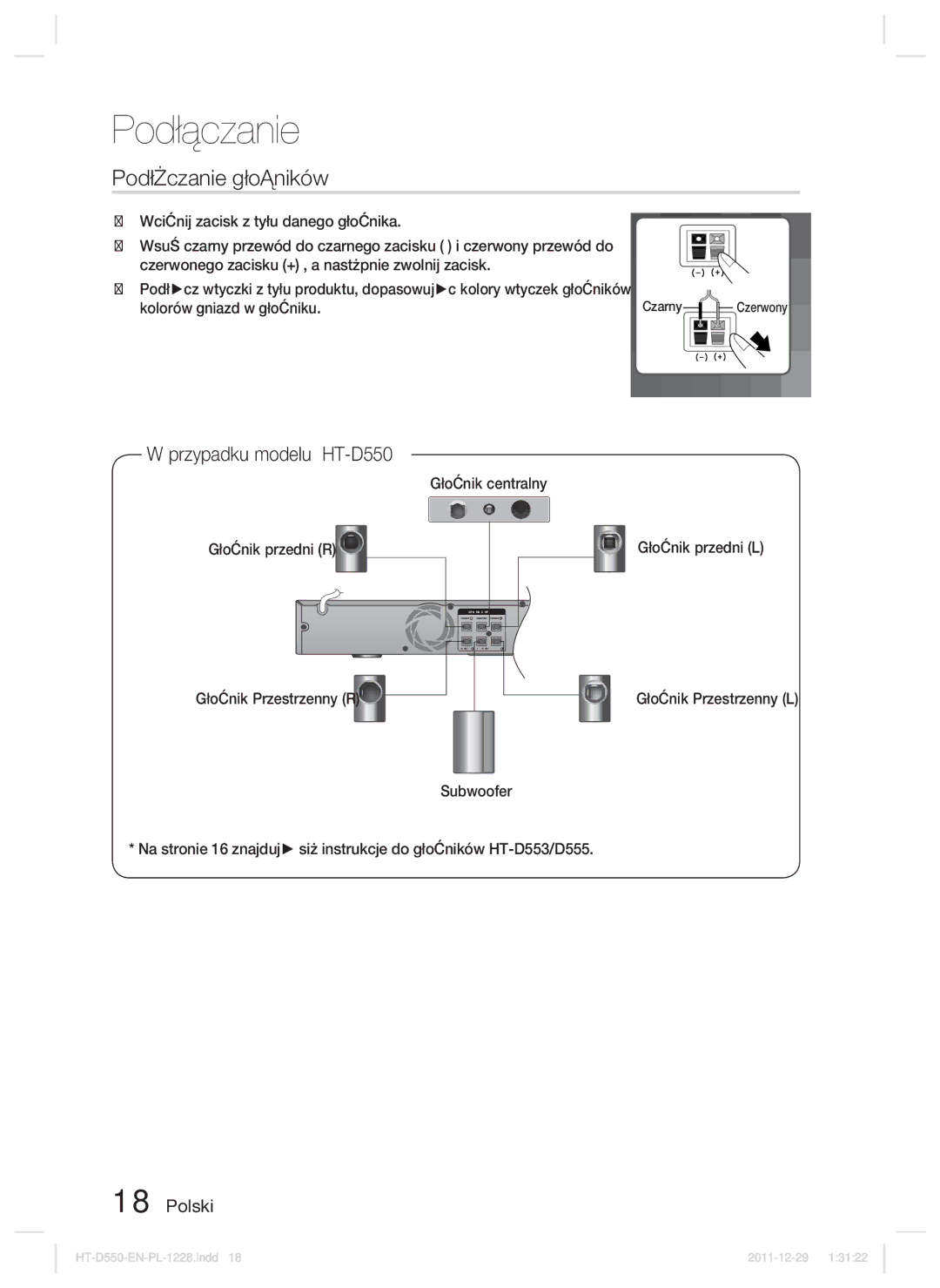 Samsung HT-D550/EN manual Podłączanie głośników, Przypadku modelu HT-D550, Wciśnij zacisk z tyłu danego głośnika, Czarny 