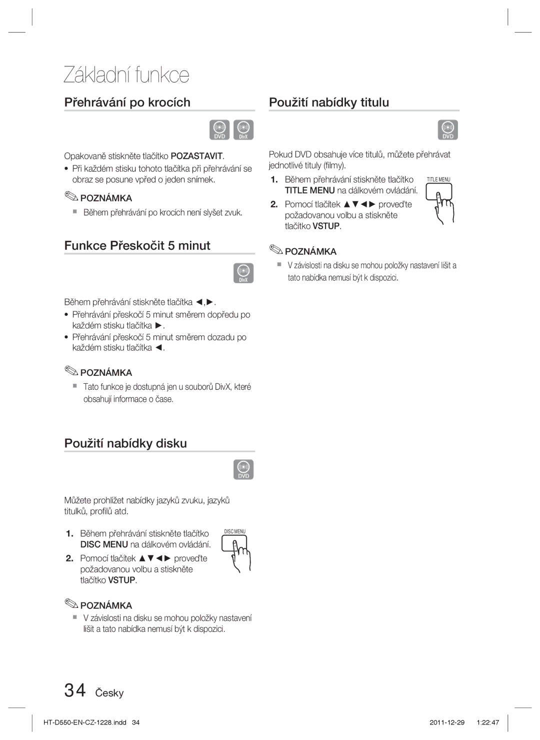 Samsung HT-D555/EN manual Přehrávání po krocích, Funkce Přeskočit 5 minut, Použití nabídky disku, Použití nabídky titulu 