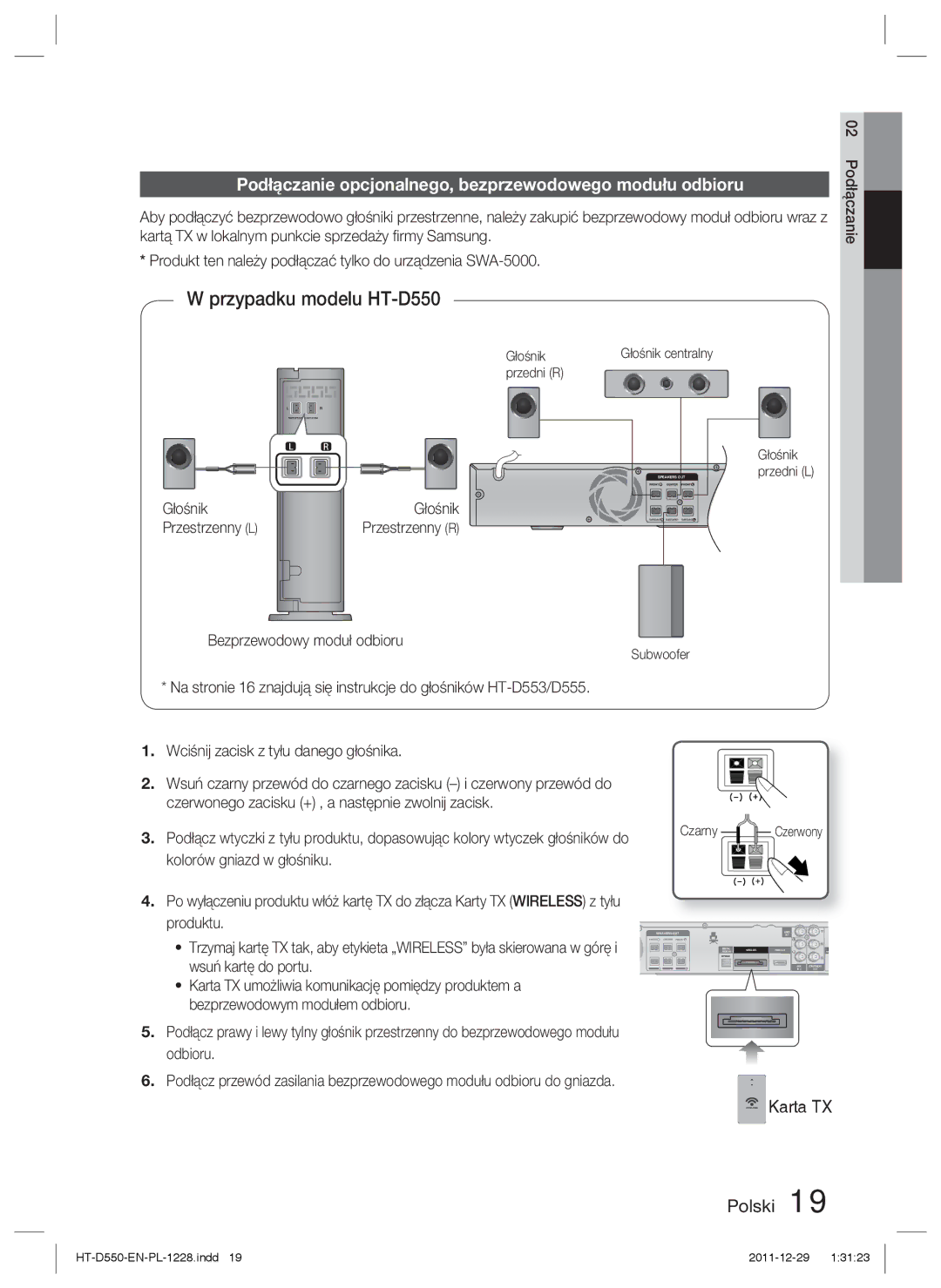 Samsung HT-D555/EN, HT-D550/EN manual Podłączanie opcjonalnego, bezprzewodowego modułu odbioru, Bezprzewodowy moduł odbioru 