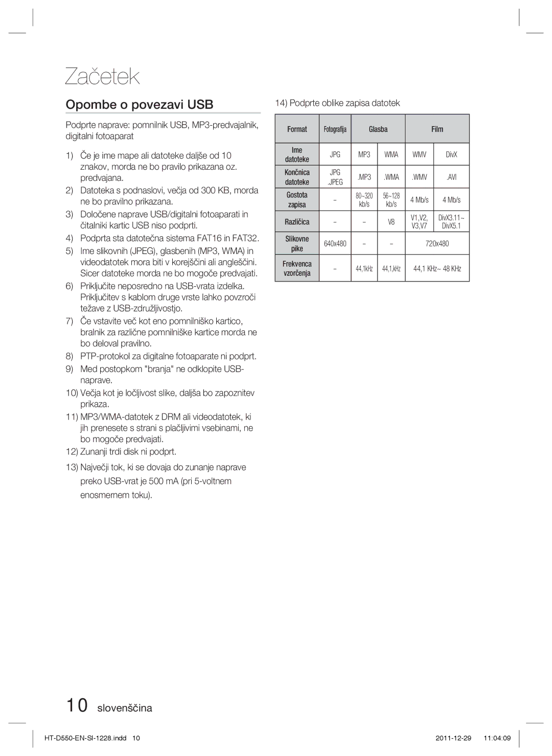 Samsung HT-D550/XE manual Opombe o povezavi USB, PTP-protokol za digitalne fotoaparate ni podprt, Format, Glasba Film, Kb/s 