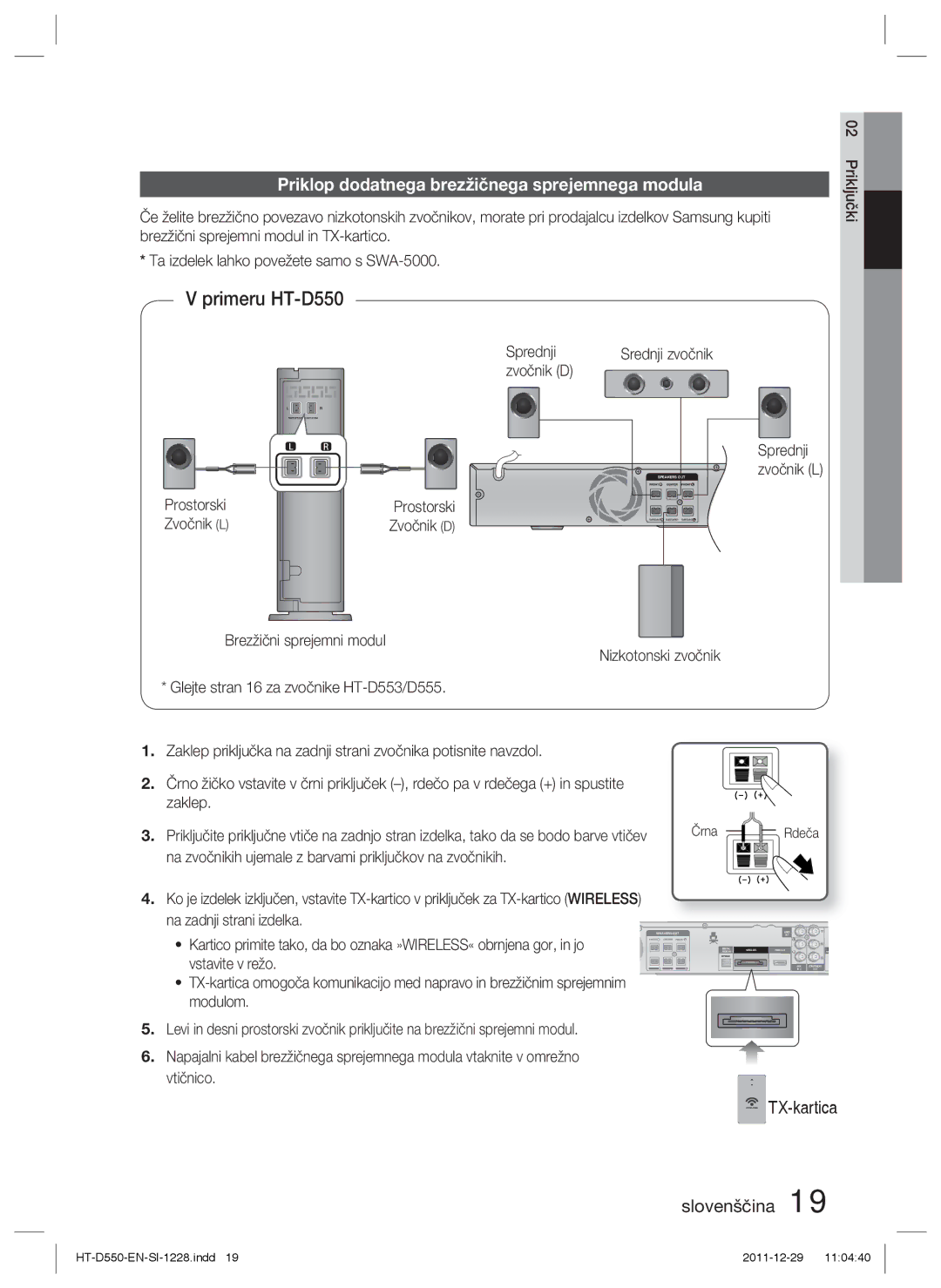 Samsung HT-D550/XE manual Priklop dodatnega brezžičnega sprejemnega modula, Sprednji, Zvočnik D, Prostorski, Zvočnik L 