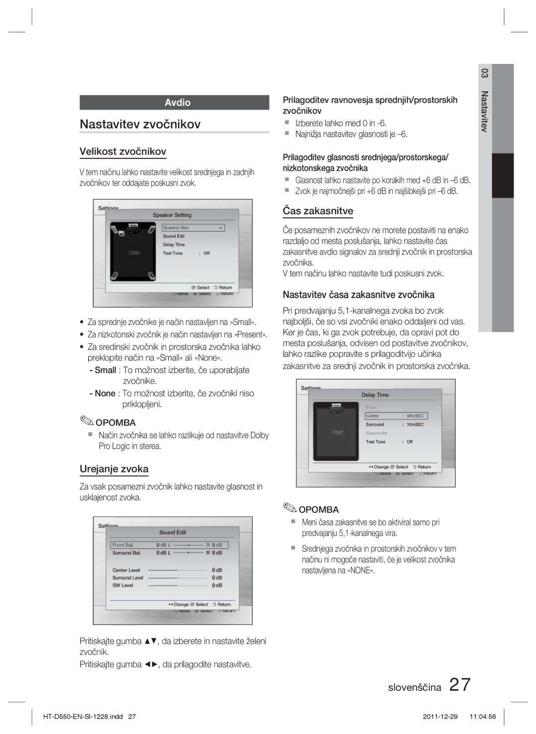 Samsung HT-D555/EN, HT-D550/EN, HT-D550/XE manual Nastavitev zvočnikov, Avdio 