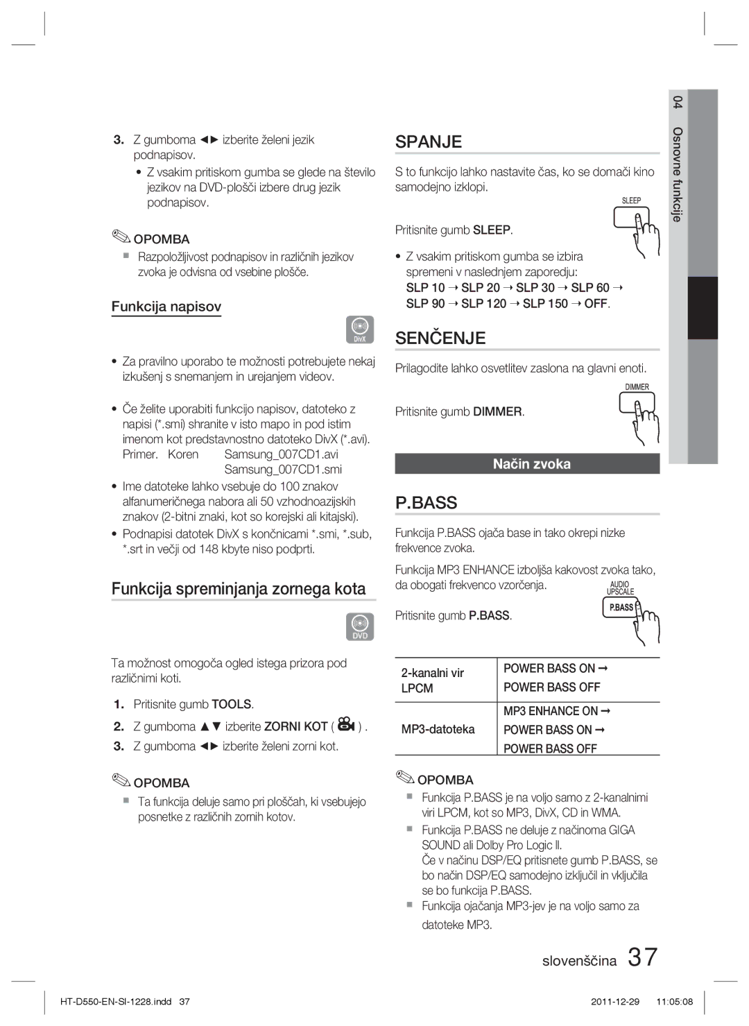 Samsung HT-D550/XE, HT-D550/EN manual Funkcija spreminjanja zornega kota, Spanje, Senčenje, Funkcija napisov, Način zvoka 