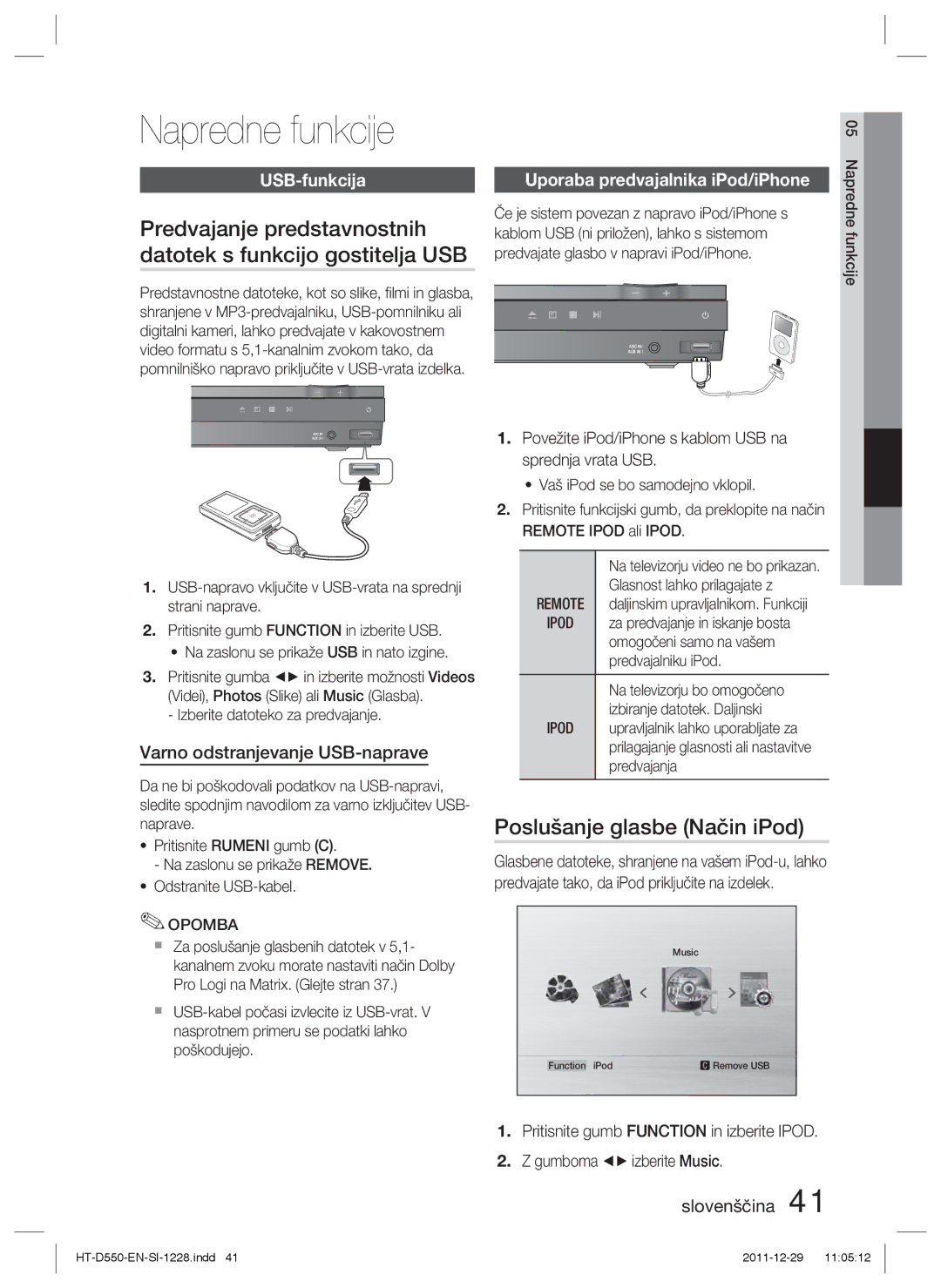 Samsung HT-D550/EN, HT-D555/EN manual Napredne funkcije, Predvajanje predstavnostnih, Datotek s funkcijo gostitelja USB 