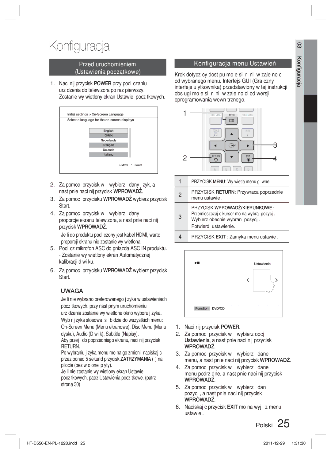 Samsung HT-D555/EN, HT-D550/EN, HT-D550/XE manual Konﬁguracja, Przed uruchomieniem Ustawienia początkowe, Return, Wprowadź 