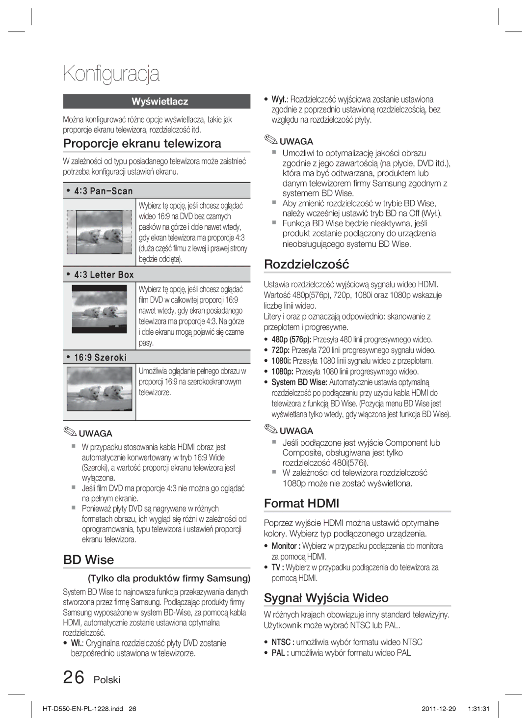 Samsung HT-D550/XE, HT-D550/EN manual Proporcje ekranu telewizora, BD Wise, Rozdzielczość, Format Hdmi, Sygnał Wyjścia Wideo 