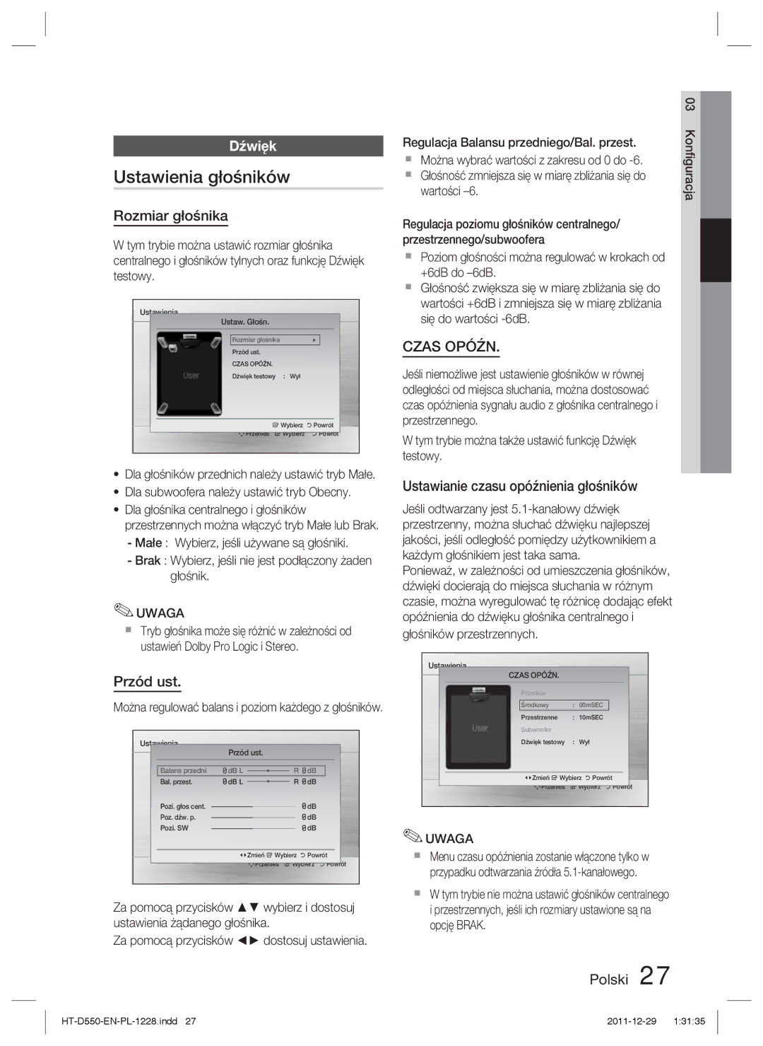 Samsung HT-D550/EN manual Ustawienia głośników, Dźwięk, Rozmiar głośnika, Przód ust, Ustawianie czasu opóźnienia głośników 