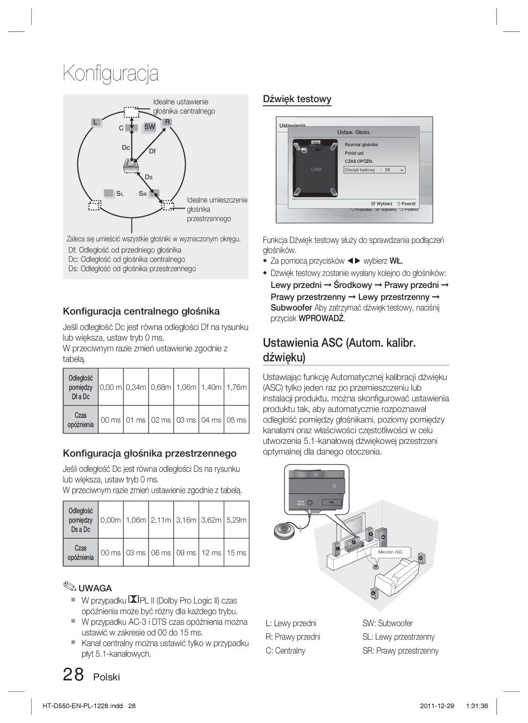 Samsung HT-D555/EN, HT-D550/EN, HT-D550/XE manual Ustawienia ASC Autom. kalibr. dźwięku, Konﬁguracja centralnego głośnika 