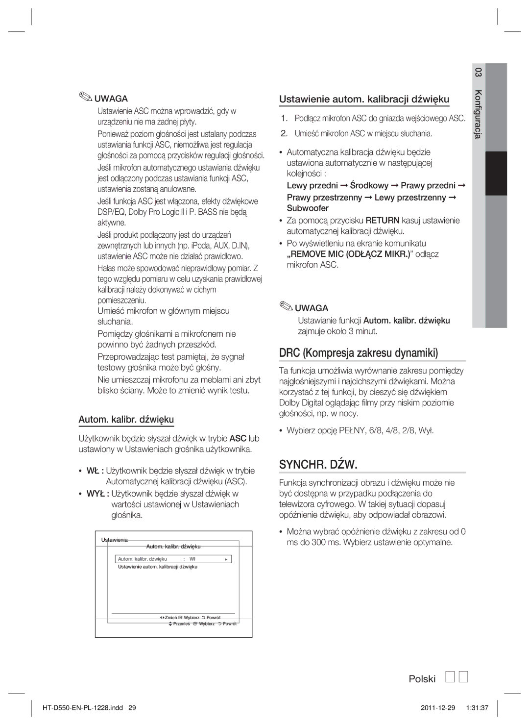 Samsung HT-D550/XE, HT-D550/EN, HT-D555/EN manual DRC Kompresja zakresu dynamiki, Synchr. Dźw, Autom. kalibr. dźwięku 