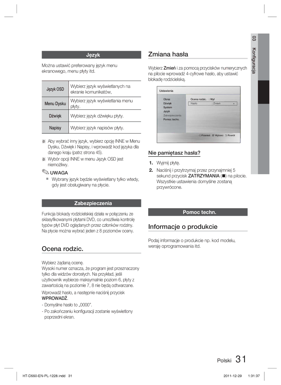 Samsung HT-D555/EN, HT-D550/EN, HT-D550/XE manual Zmiana hasła, Ocena rodzic, Informacje o produkcie 