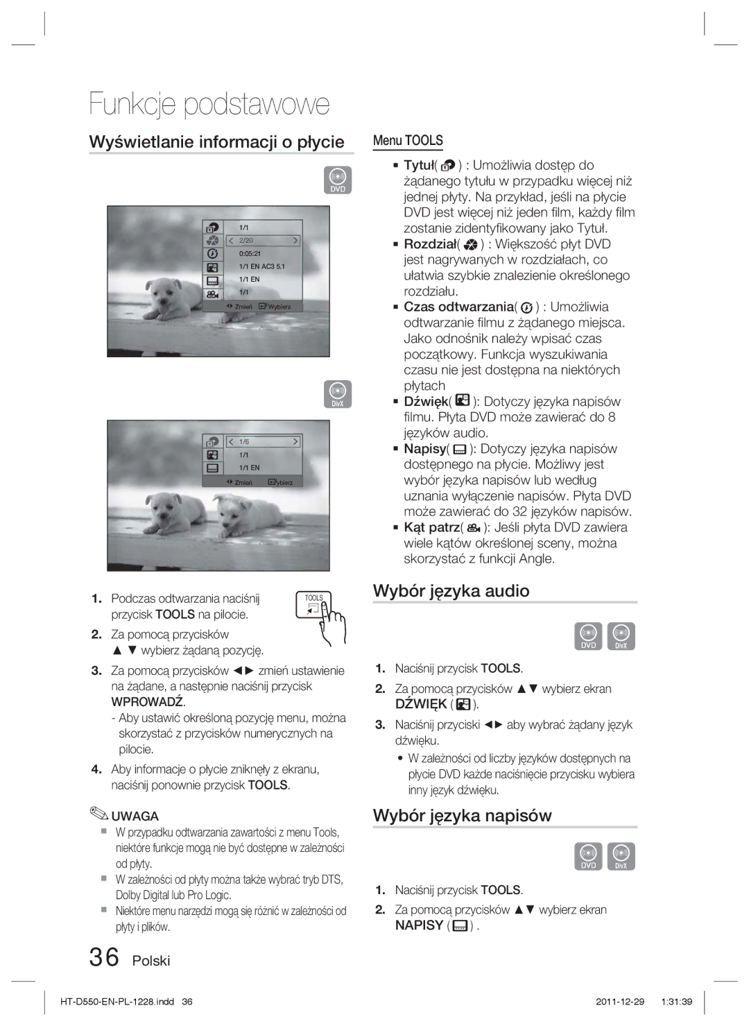 Samsung HT-D550/EN manual Funkcje podstawowe, Wyświetlanie informacji o płycie, Wybór języka audio, Wybór języka napisów 