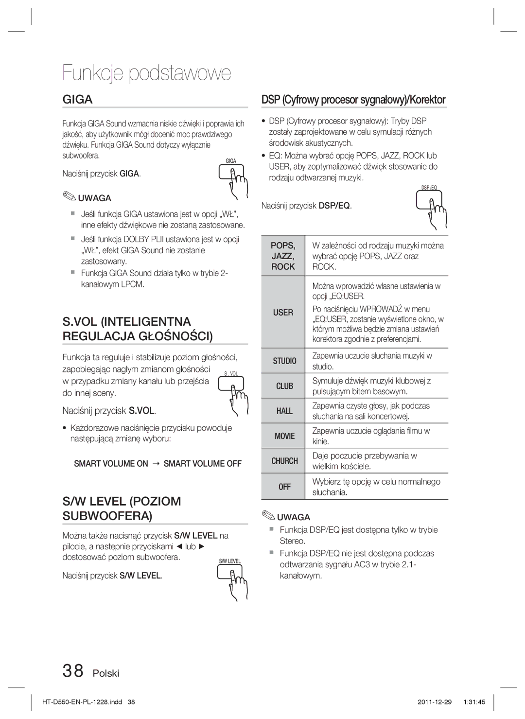 Samsung HT-D550/XE manual Giga, VOL Inteligentna Regulacja Głośności, Level Poziom Subwoofera, Naciśnij przycisk S.VOL 