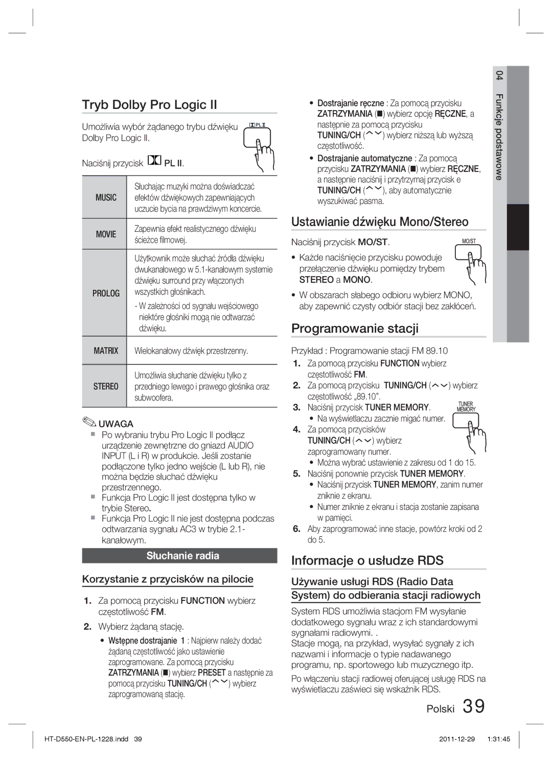 Samsung HT-D550/EN Tryb Dolby Pro Logic, Ustawianie dźwięku Mono/Stereo, Programowanie stacji, Informacje o usłudze RDS 