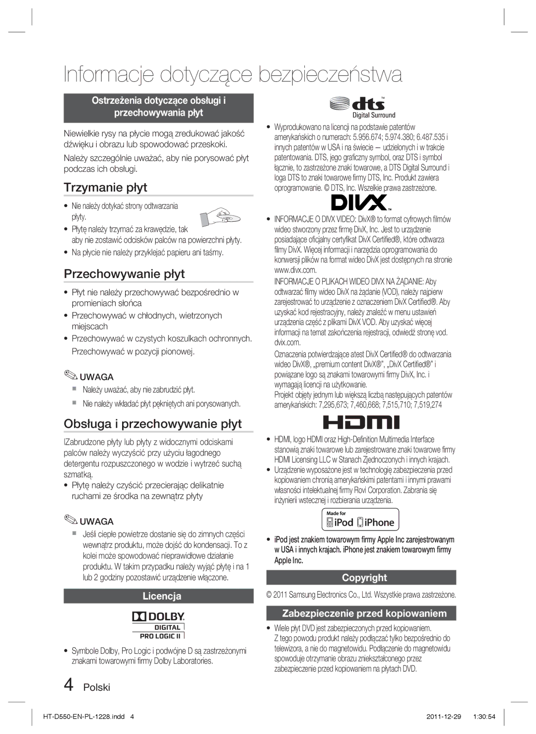 Samsung HT-D555/EN, HT-D550/EN, HT-D550/XE manual Trzymanie płyt, Przechowywanie płyt, Obsługa i przechowywanie płyt 