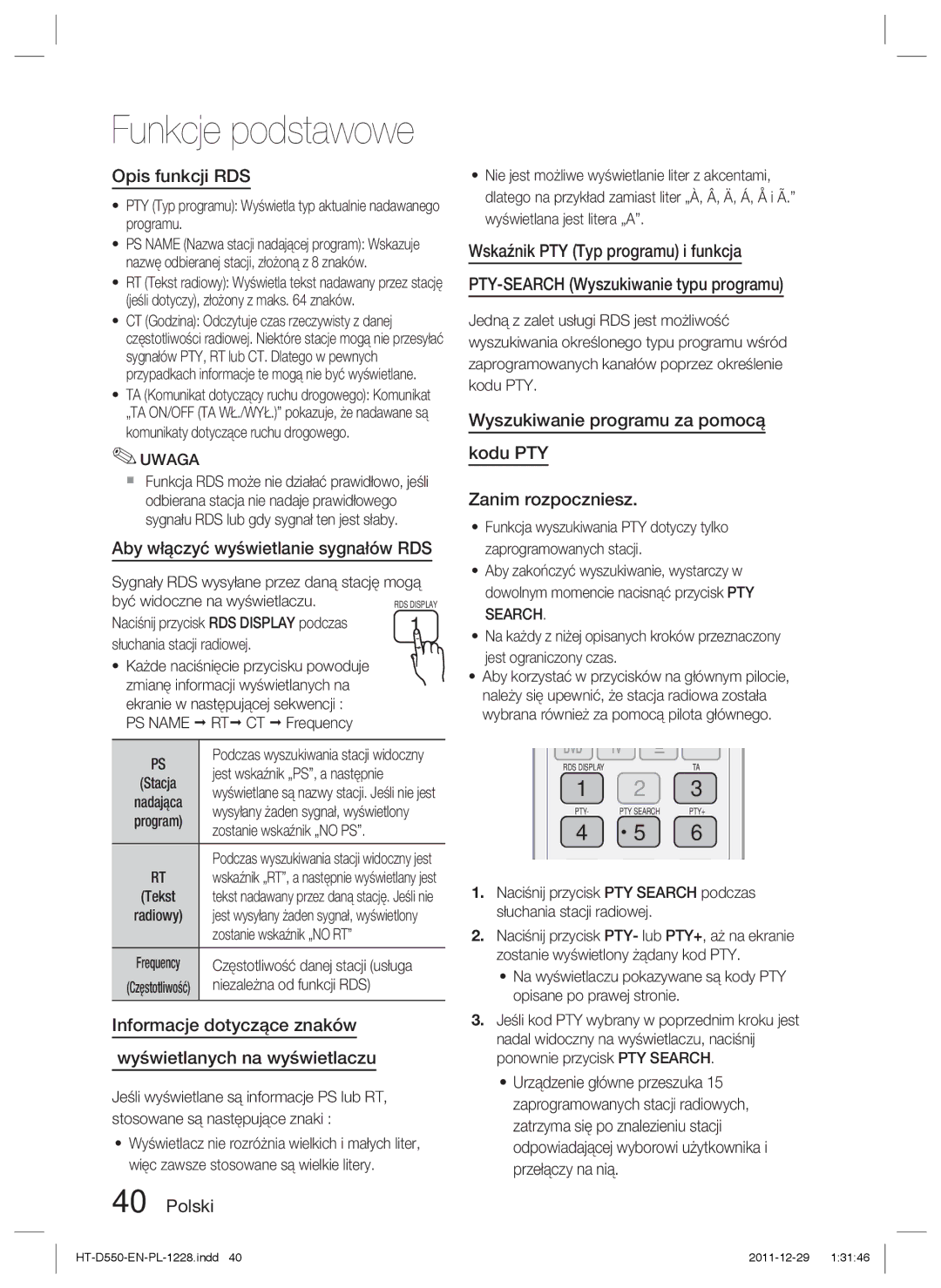 Samsung HT-D555/EN, HT-D550/EN, HT-D550/XE manual Opis funkcji RDS, Aby włączyć wyświetlanie sygnałów RDS 