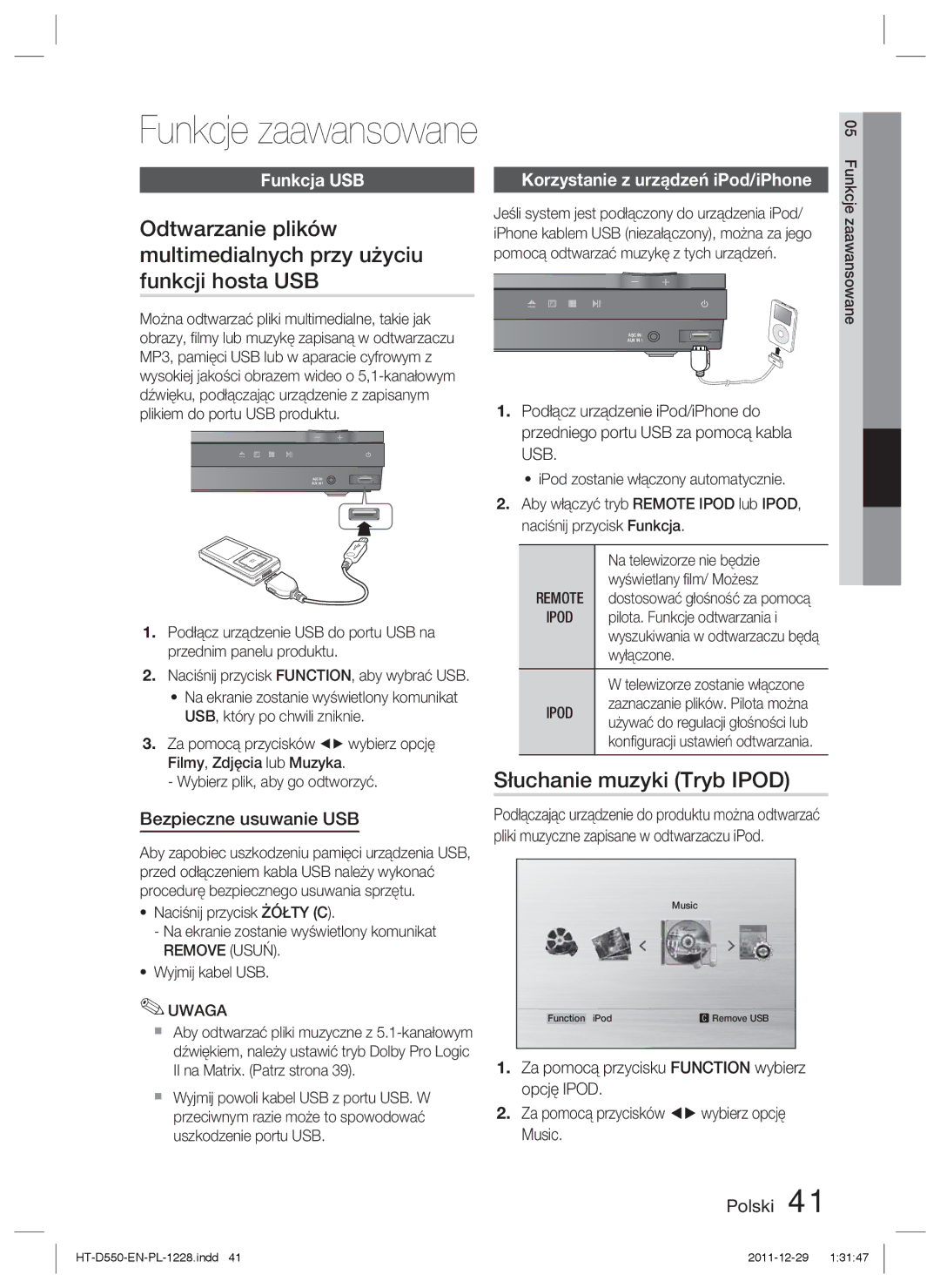 Samsung HT-D550/XE, HT-D550/EN Funkcje zaawansowane, Odtwarzanie plików, Multimedialnych przy użyciu, Funkcji hosta USB 