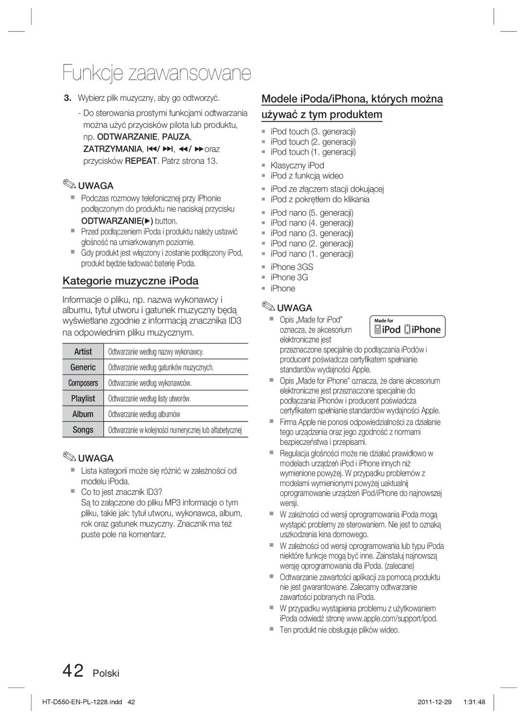 Samsung HT-D550/EN, HT-D555/EN manual Kategorie muzyczne iPoda, Modele iPoda/iPhona, których można używać z tym produktem 