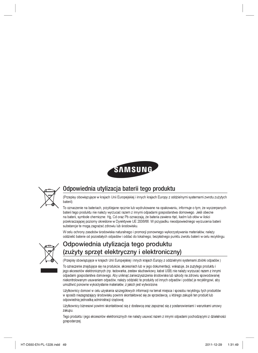 Samsung HT-D555/EN, HT-D550/EN, HT-D550/XE manual Odpowiednia utylizacja baterii tego produktu 