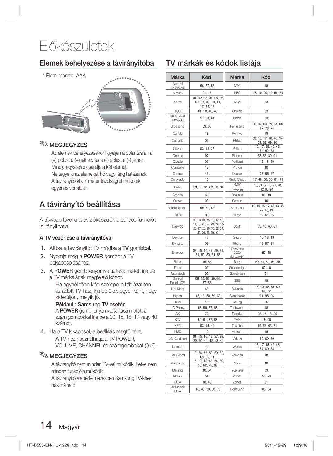 Samsung HT-D550/EN manual Távirányító beállítása, Elem mérete AAA,  Mindig egyszerre cserélje a két elemet, Márka Kód 