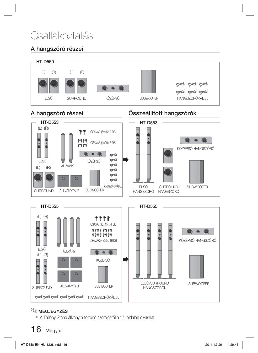 Samsung HT-D550/XE, HT-D550/EN, HT-D555/EN manual Hangszóró részei Összeállított hangszórók 