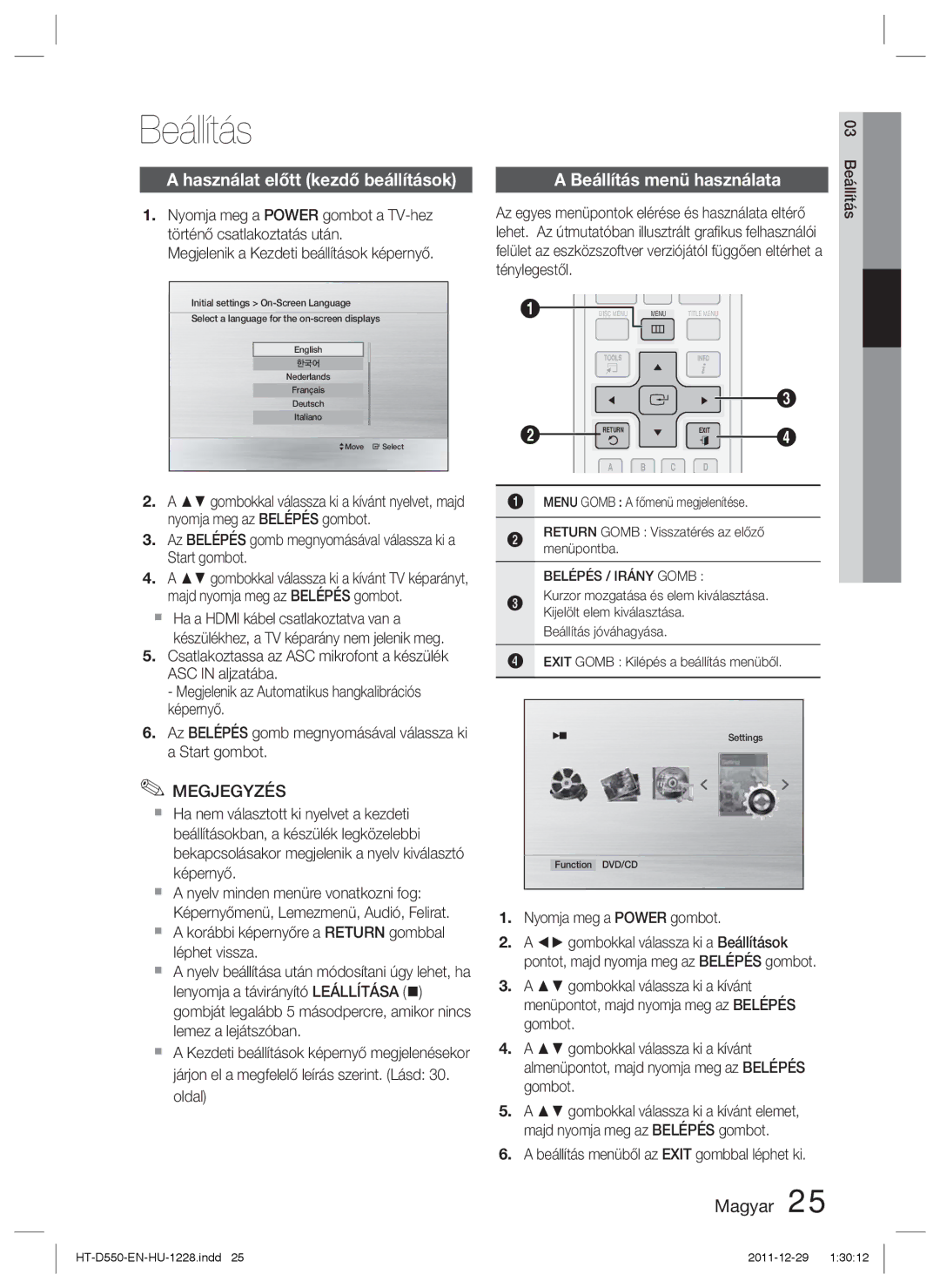 Samsung HT-D550/XE, HT-D550/EN, HT-D555/EN manual Beállítás, Használat előtt kezdő beállítások 