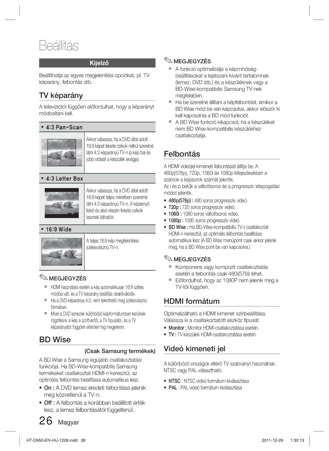 Samsung HT-D550/EN, HT-D555/EN, HT-D550/XE manual TV képarány, Felbontás, Hdmi formátum, Videó kimeneti jel, Kijelző 