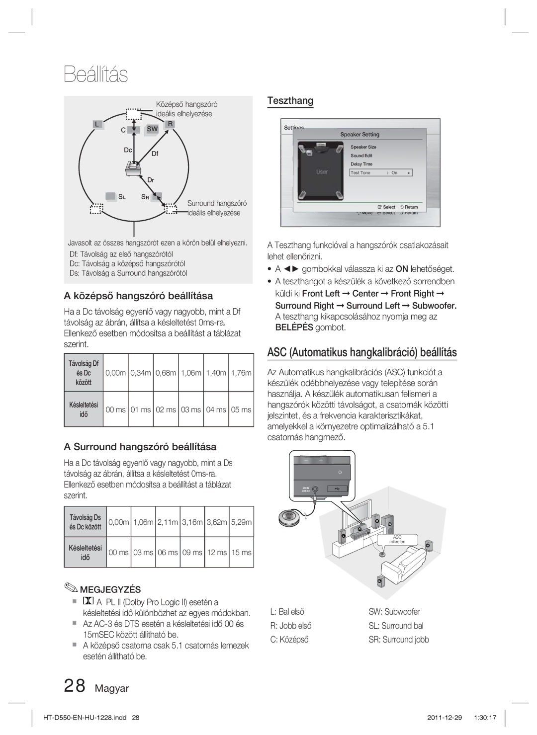 Samsung HT-D550/XE, HT-D550/EN manual ASC Automatikus hangkalibráció beállítás, Középső hangszóró beállítása, Teszthang 