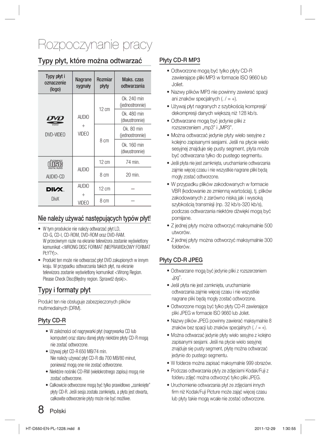 Samsung HT-D550/XE, HT-D550/EN, HT-D555/EN manual Typy płyt, które można odtwarzać, Typy i formaty płyt 