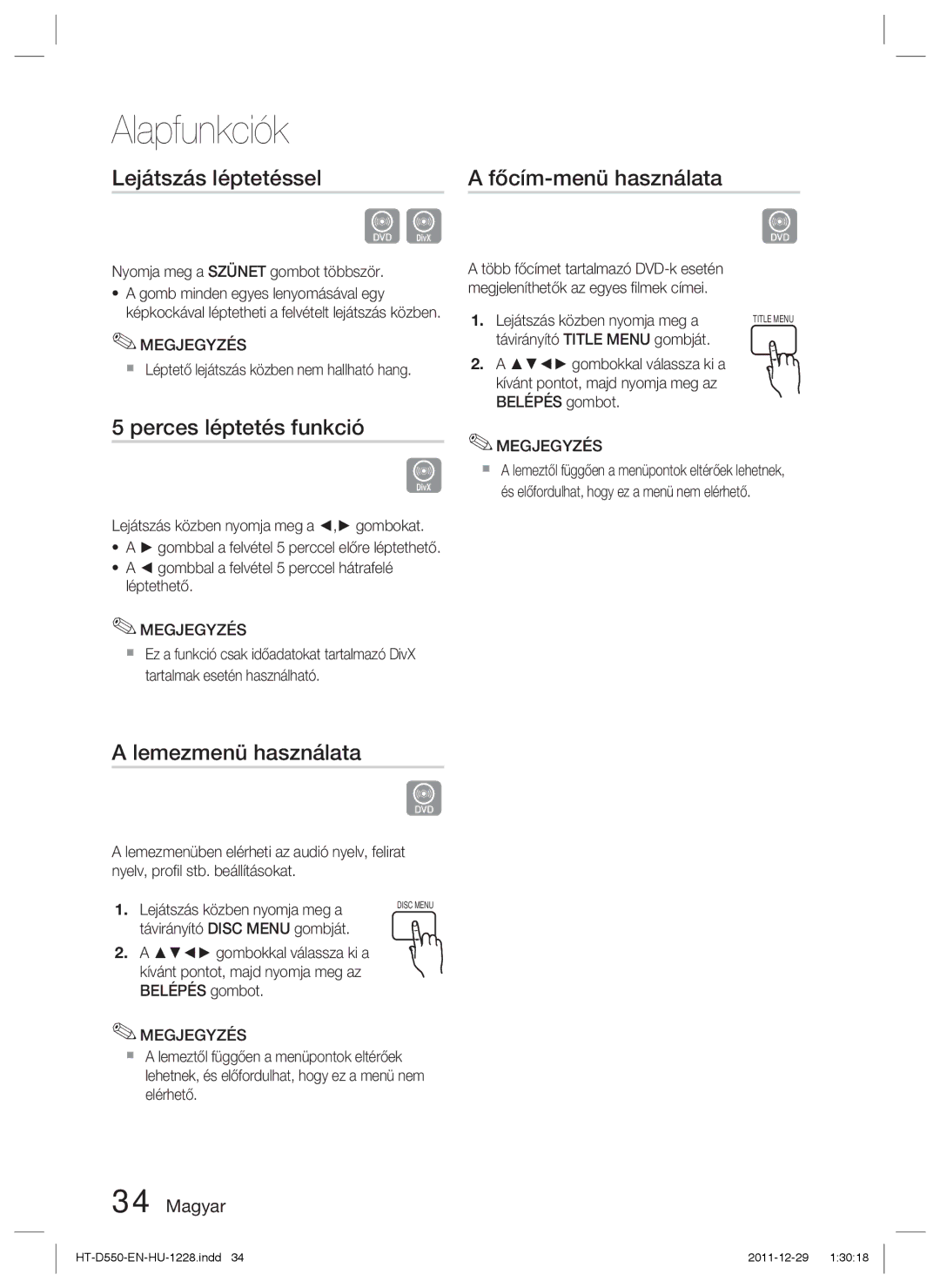 Samsung HT-D550/XE, HT-D550/EN Lejátszás léptetéssel, Perces léptetés funkció, Lemezmenü használata, Főcím-menü használata 