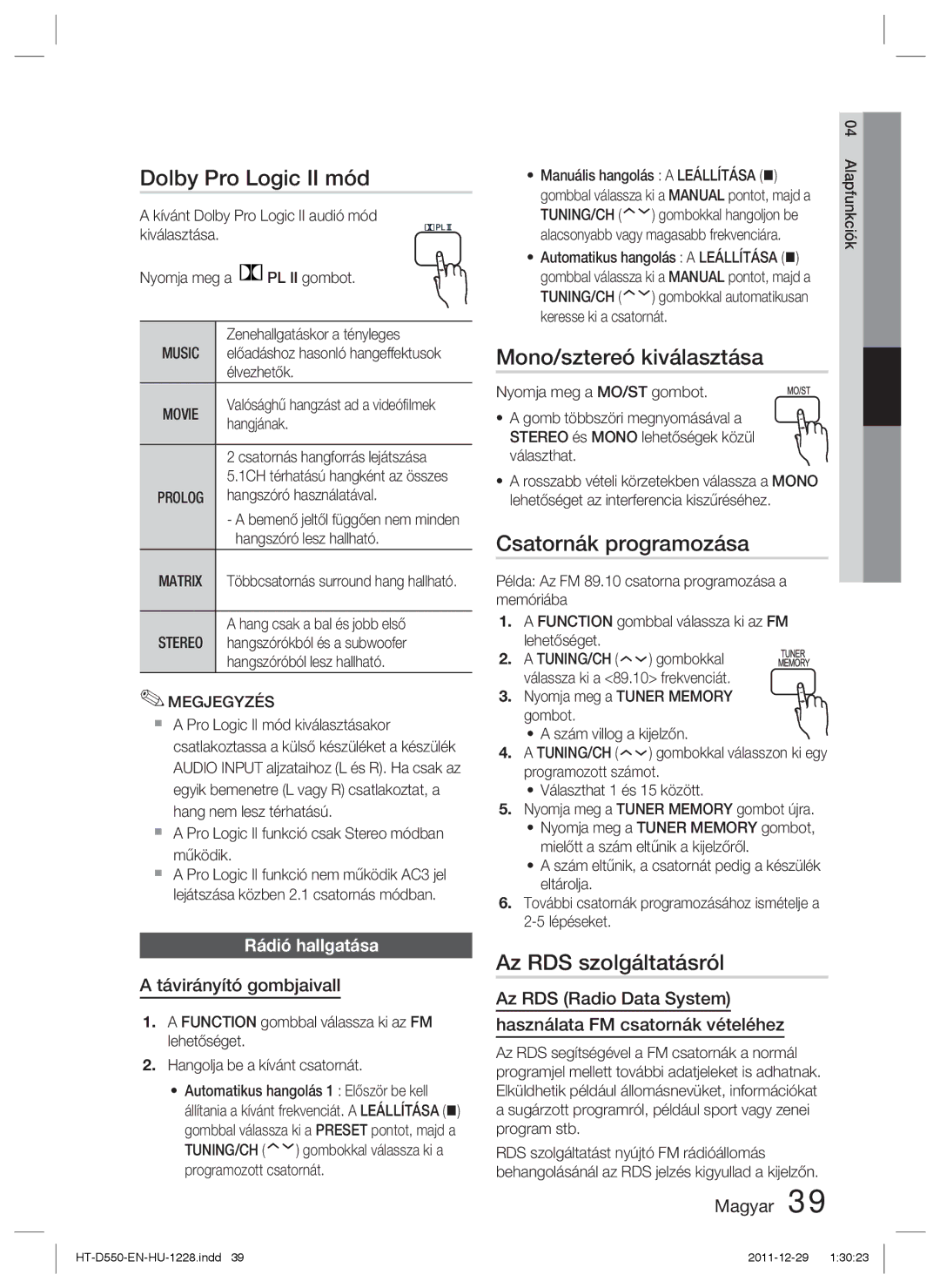 Samsung HT-D555/EN manual Dolby Pro Logic II mód, Mono/sztereó kiválasztása, Csatornák programozása, Az RDS szolgáltatásról 