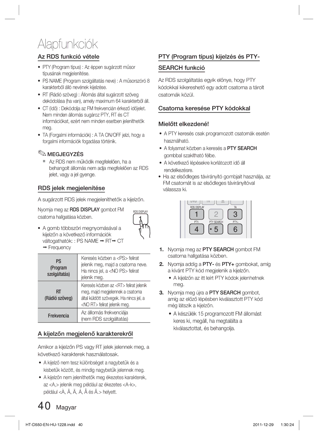 Samsung HT-D550/XE, HT-D550/EN, HT-D555/EN Az RDS funkció vétele, RDS jelek megjelenítése, Kijelzőn megjelenő karakterekről 