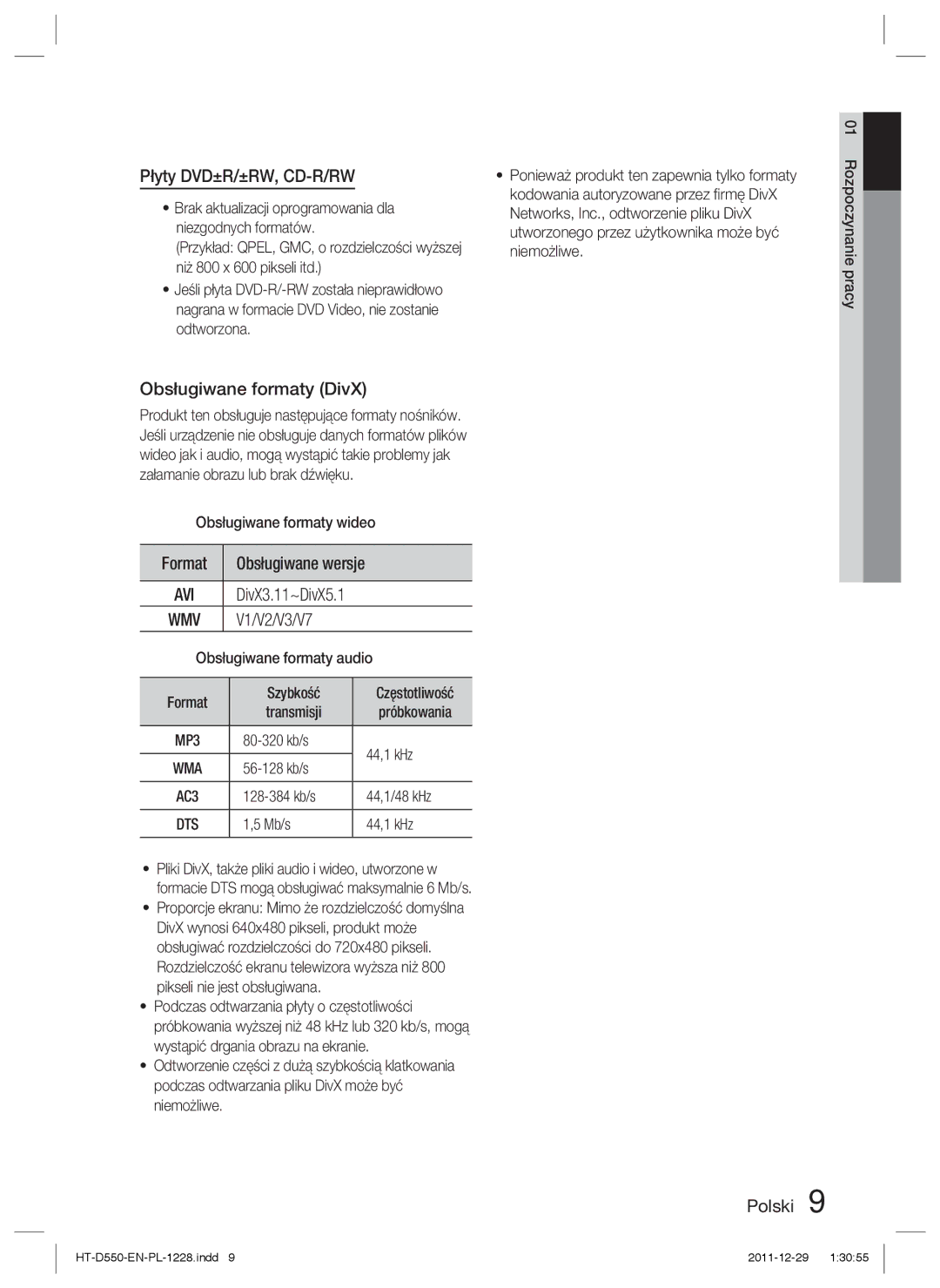 Samsung HT-D550/EN, HT-D555/EN, HT-D550/XE manual Płyty DVD±R/±RW, CD-R/RW, Obsługiwane formaty DivX, Format, V1/V2/V3/V7 
