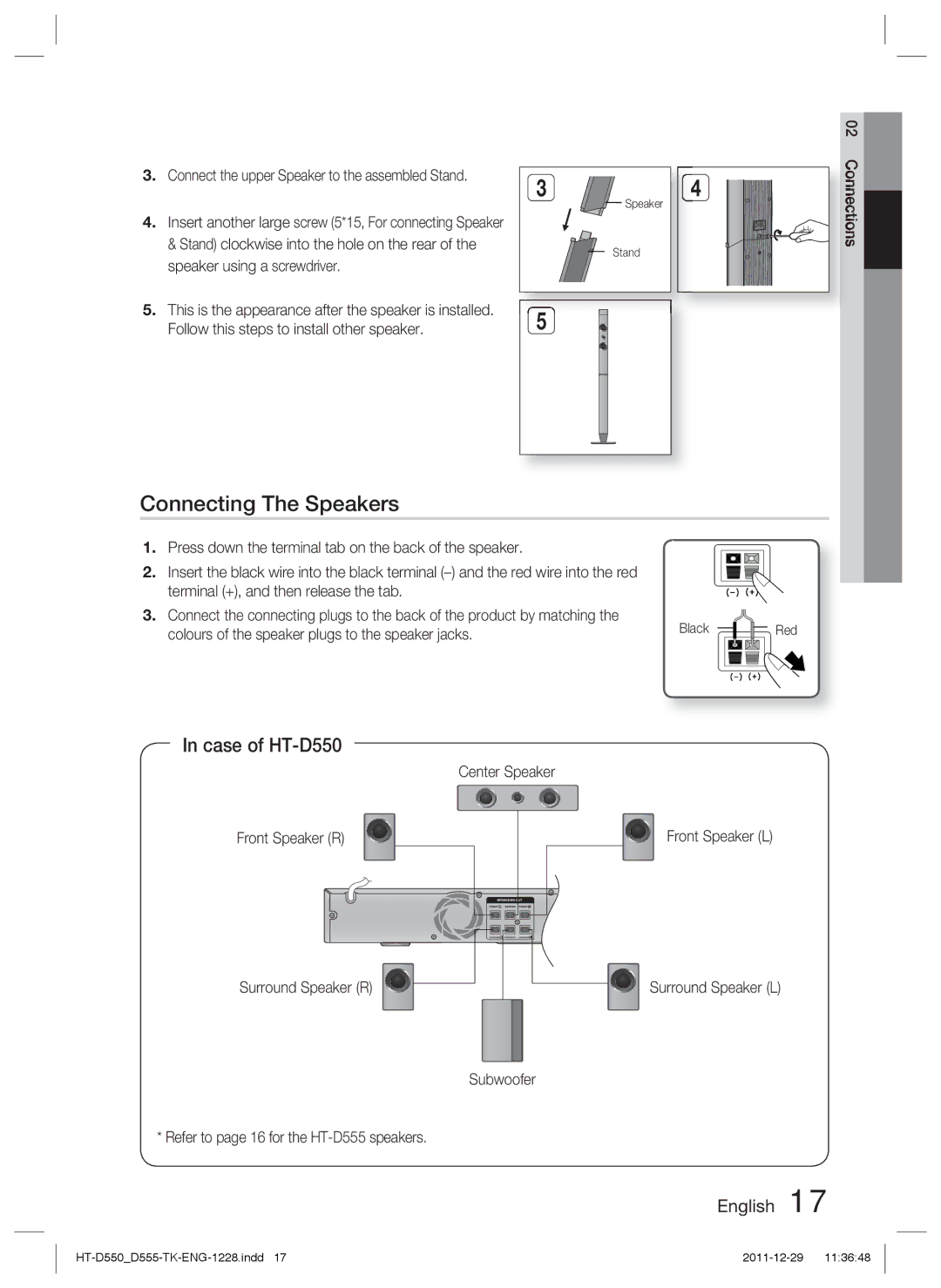 Samsung HT-D550/EN manual Connecting The Speakers, Case of HT-D550, Center Speaker Front Speaker R Front Speaker L, Black 