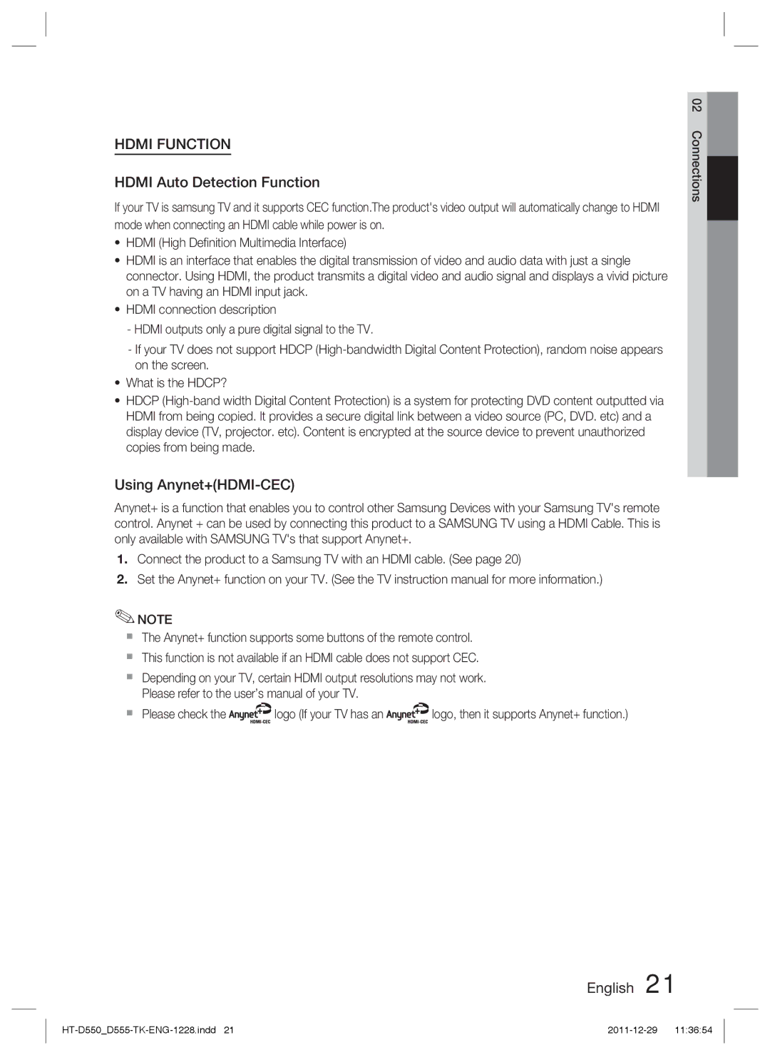 Samsung HT-D555/TK, HT-D550/XN, HT-D550/EN, HT-D555/EN, HT-D550/XE manual Hdmi Auto Detection Function, Using Anynet+HDMI-CEC 