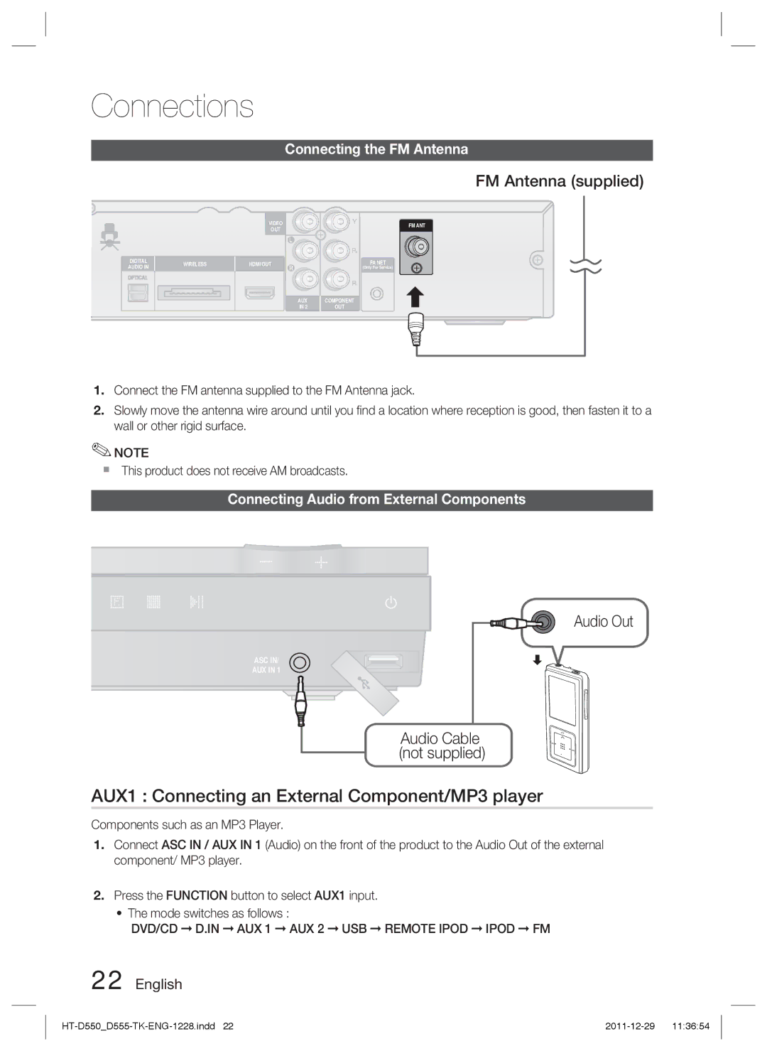 Samsung HT-D550/EN, HT-D550/XN, HT-D555/TK AUX1 Connecting an External Component/MP3 player, FM Antenna supplied, Audio Out 