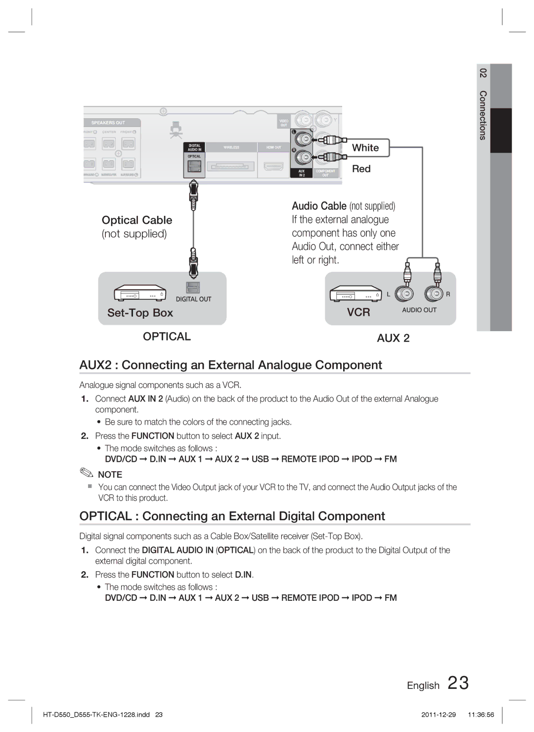 Samsung HT-D555/EN manual AUX2 Connecting an External Analogue Component, Optical Connecting an External Digital Component 