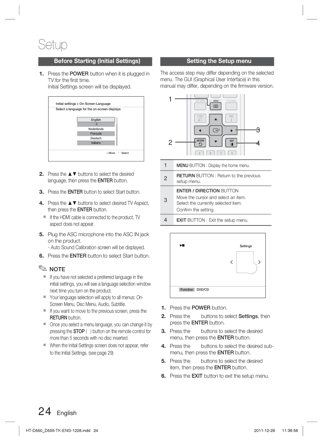 Samsung HT-D550/XE, HT-D550/XN manual Setup, Before Starting Initial Settings, Press the Enter button to select Start button 