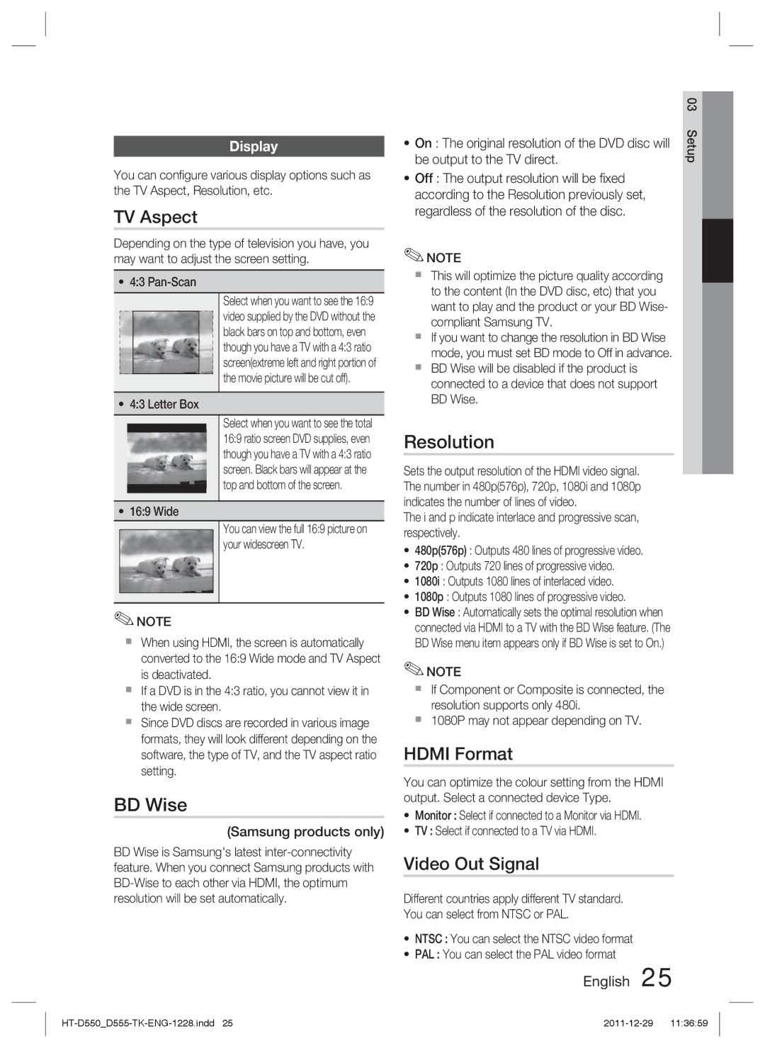 Samsung HT-D550/XN, HT-D555/TK, HT-D550/EN, HT-D555/EN manual TV Aspect, BD Wise, Resolution, Hdmi Format, Video Out Signal 