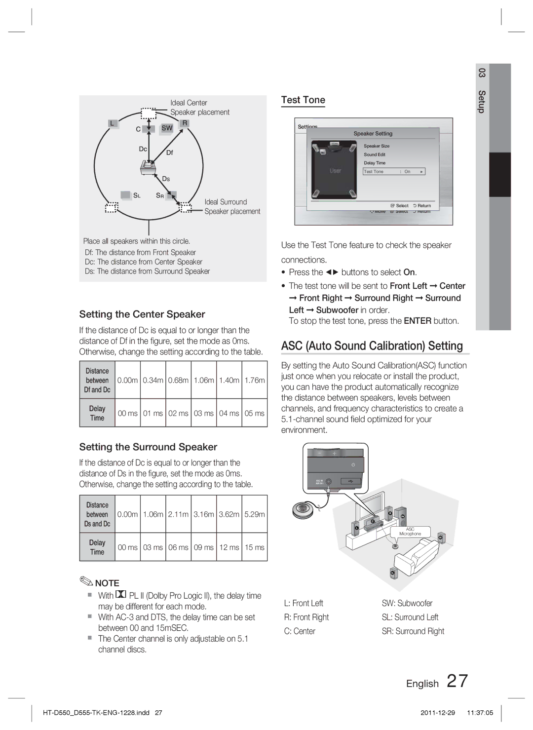 Samsung HT-D550/EN, HT-D550/XN, HT-D555/TK, HT-D555/EN Setting the Center Speaker, Test Tone, Setting the Surround Speaker 