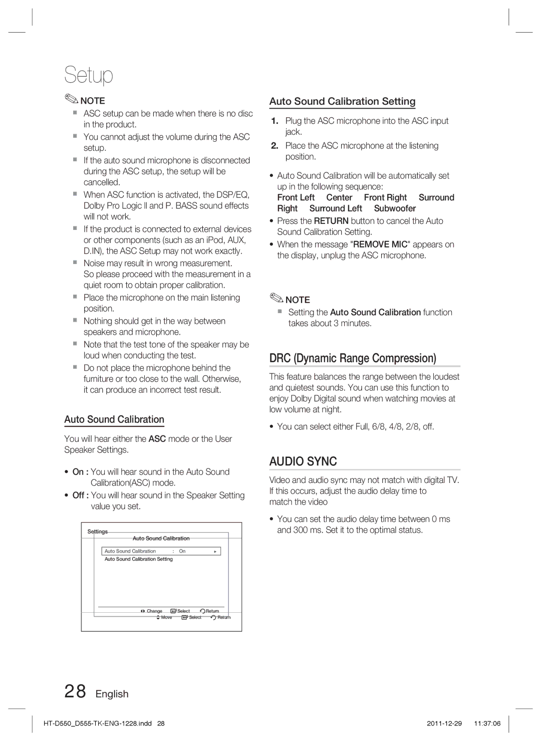 Samsung HT-D555/EN, HT-D550/XN, HT-D555/TK, HT-D550/EN DRC Dynamic Range Compression, Auto Sound Calibration Setting 