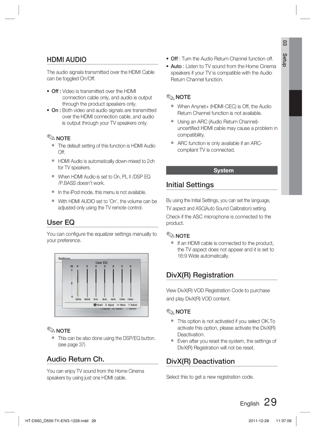 Samsung HT-D550/XE, HT-D550/XN manual User EQ, Initial Settings, DivXR Registration, Audio Return Ch, DivXR Deactivation 